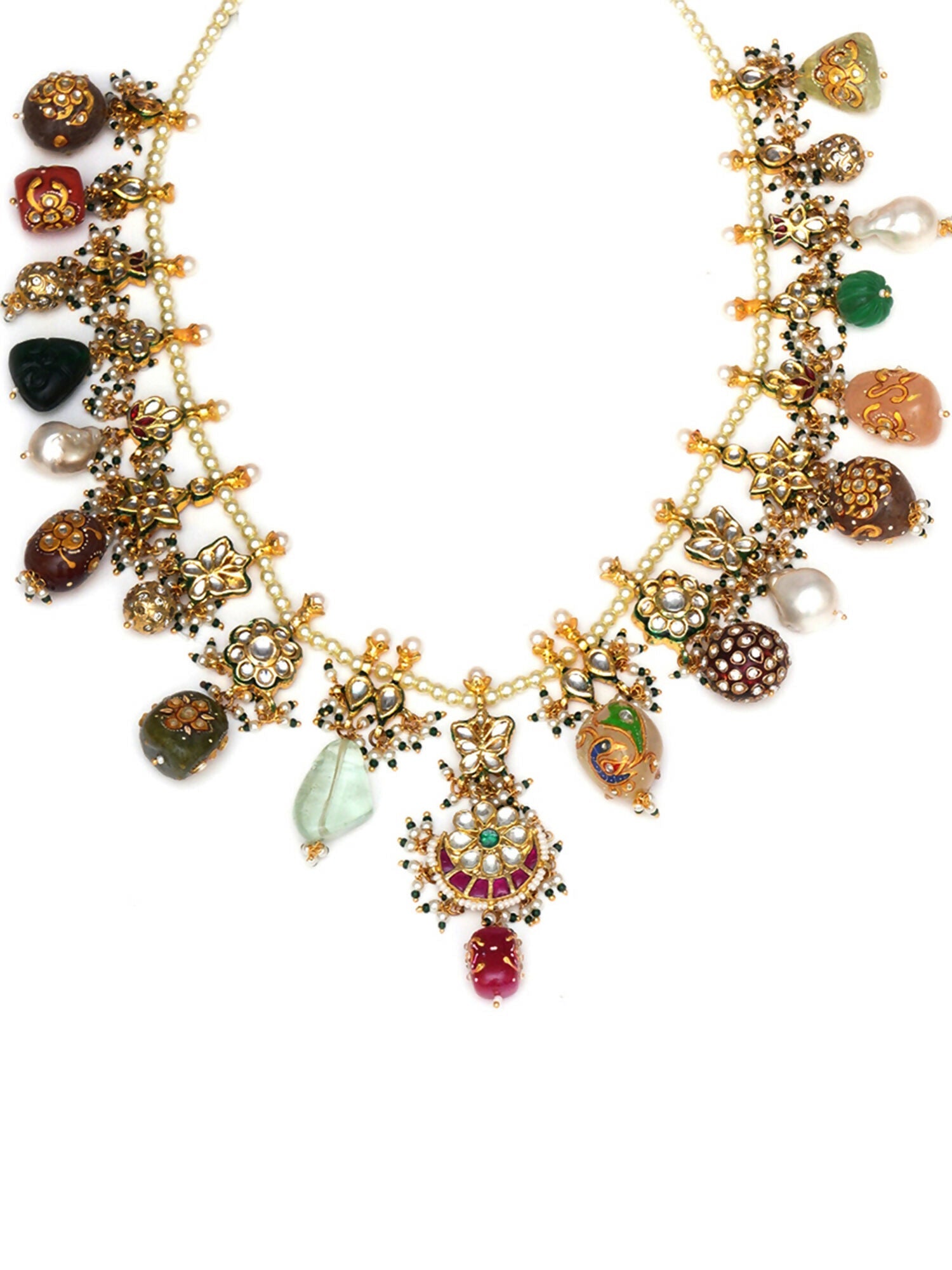 Long Kundan Neckpiece with Earrings with Multi Stones Jewellery Set (Gold) - Ruby Raang - Grab2buy