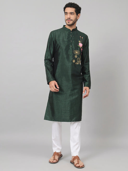 Dark Fern Embroidered Silk Kurta by Hilo Design