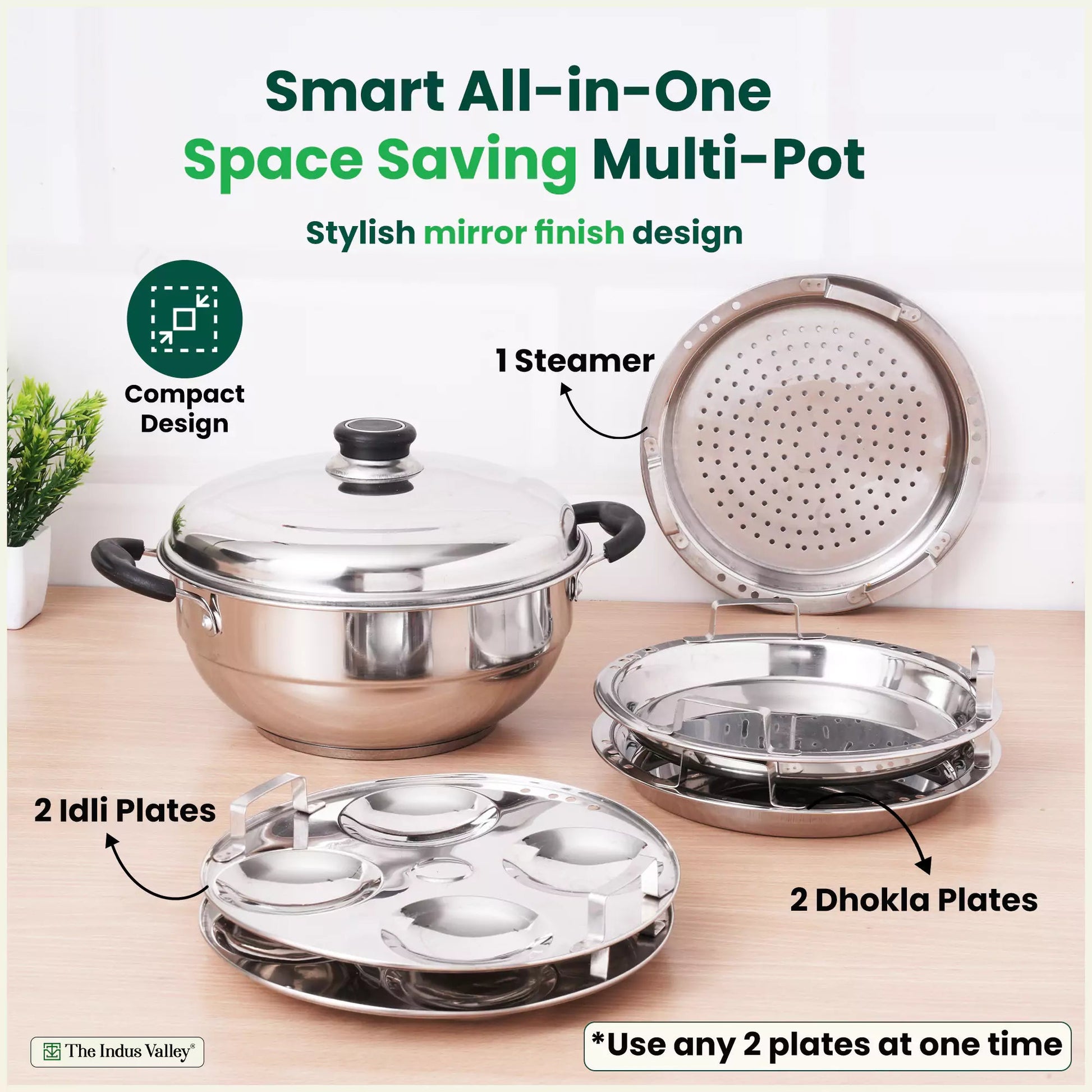 The Indus Valley 8 Pit Tri-Steel Multi Pot Premium Stainless Steel Idli/ Dhokla/ Momo Maker/ Veg Steaming Set, Tri-ply Induction Bottom, 5 Plates, 3L  Grab2Buy The Indus Valley Grab2Buy