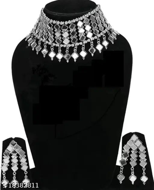 Tehzeeb Creations Women's Silver Colour Oxidised Necklace And Earring With Mirror Work Tehzeeb Creations