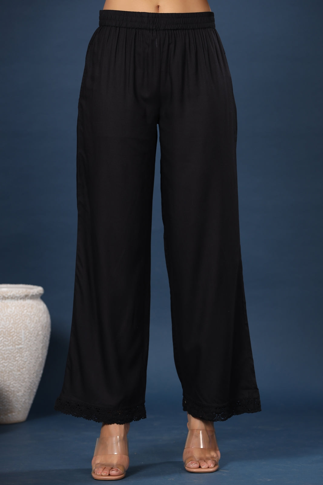 Juniper Women Black Rayon Solid Wide Leg Palazzo 