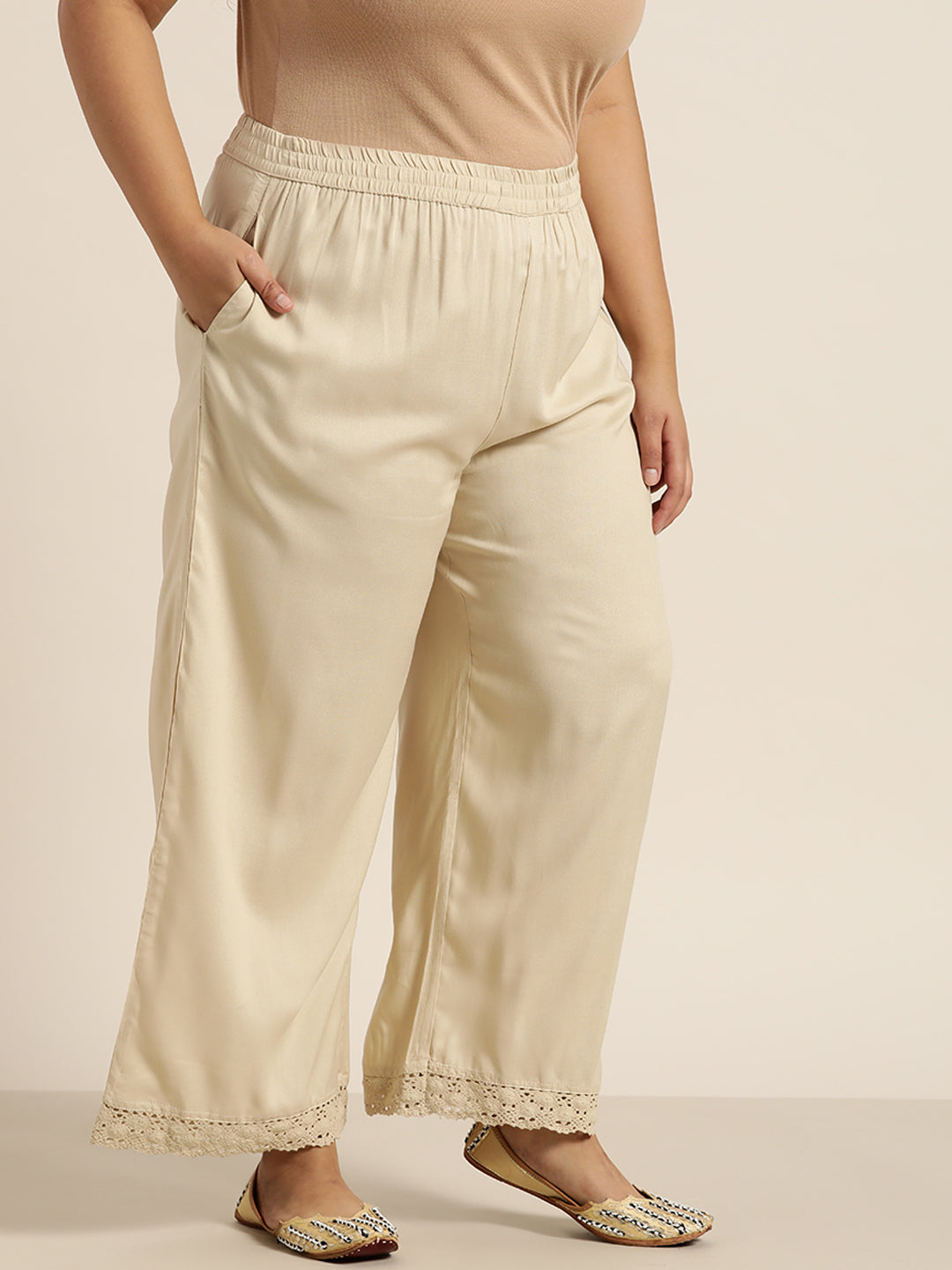 Juniper Women Beige Rayon Solid Wide Leg Palazzo