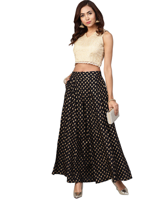 Juniper Women Black Rayon Printed Flared Palazzo 