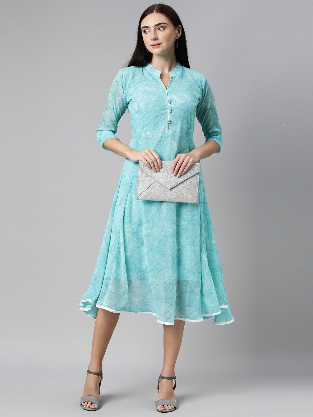 Souchii Women Floral Chiffon A-Line Midi Dress 