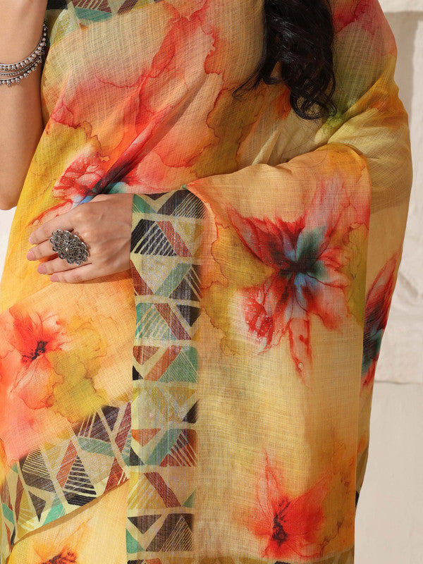 Shivam Fabrics Yellow Linen Fabric Printed Saree