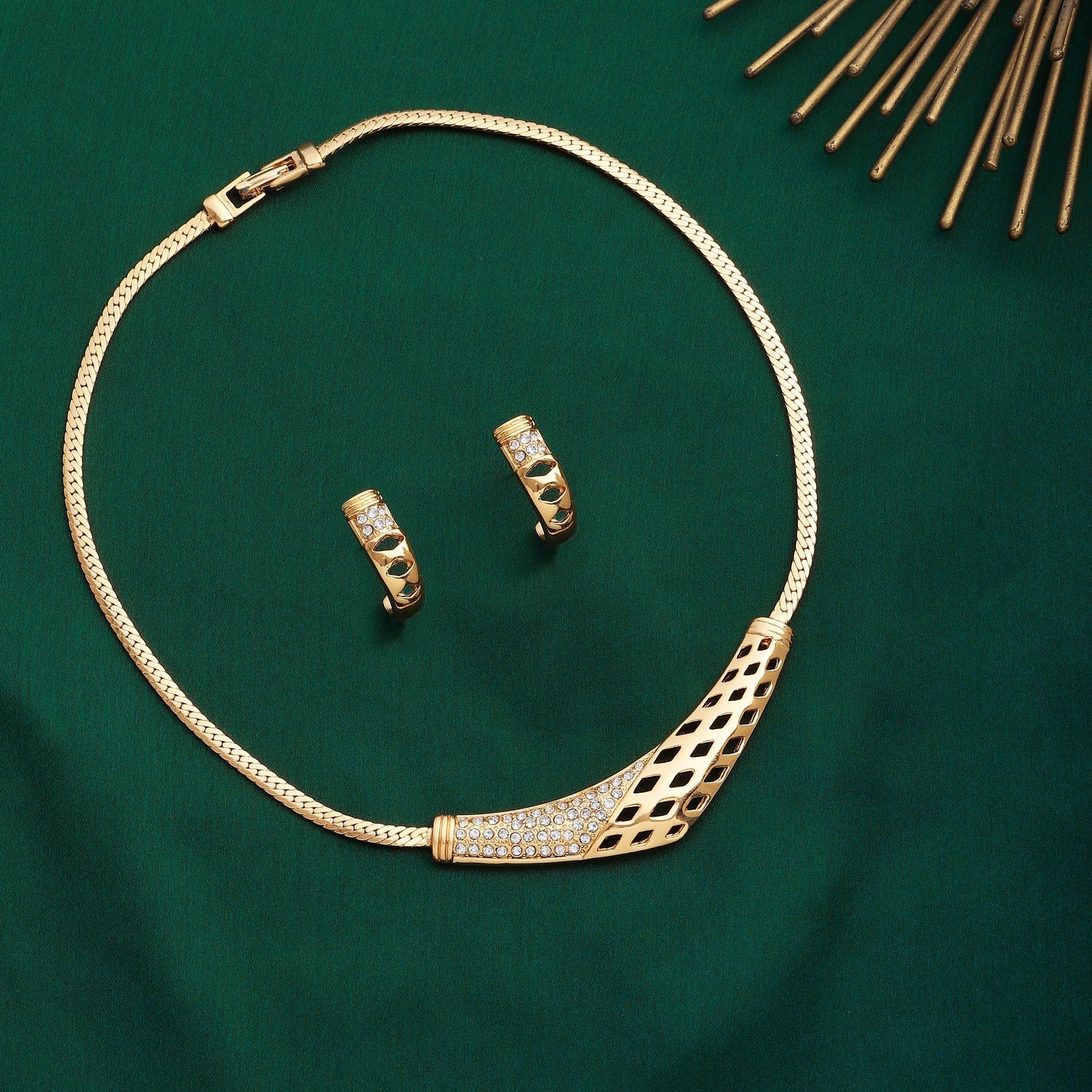 Estele Gold-Polished Boomerang Designer Necklace Set with White Austrian Crystals for Women Estele Accessories