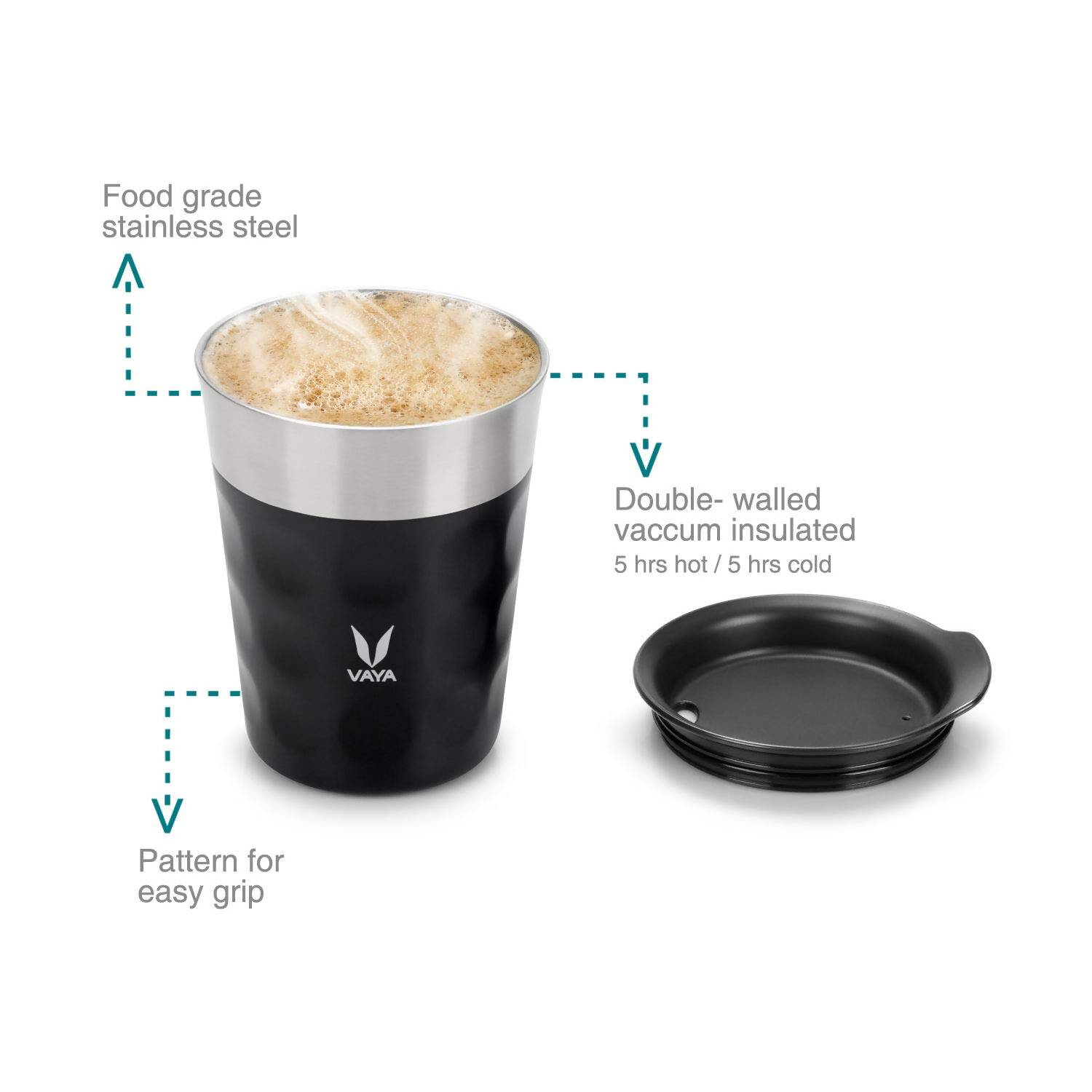 Vaya Popcup Insulated Coffee Mug Tumbler With Lid - 250 ml (Black) 