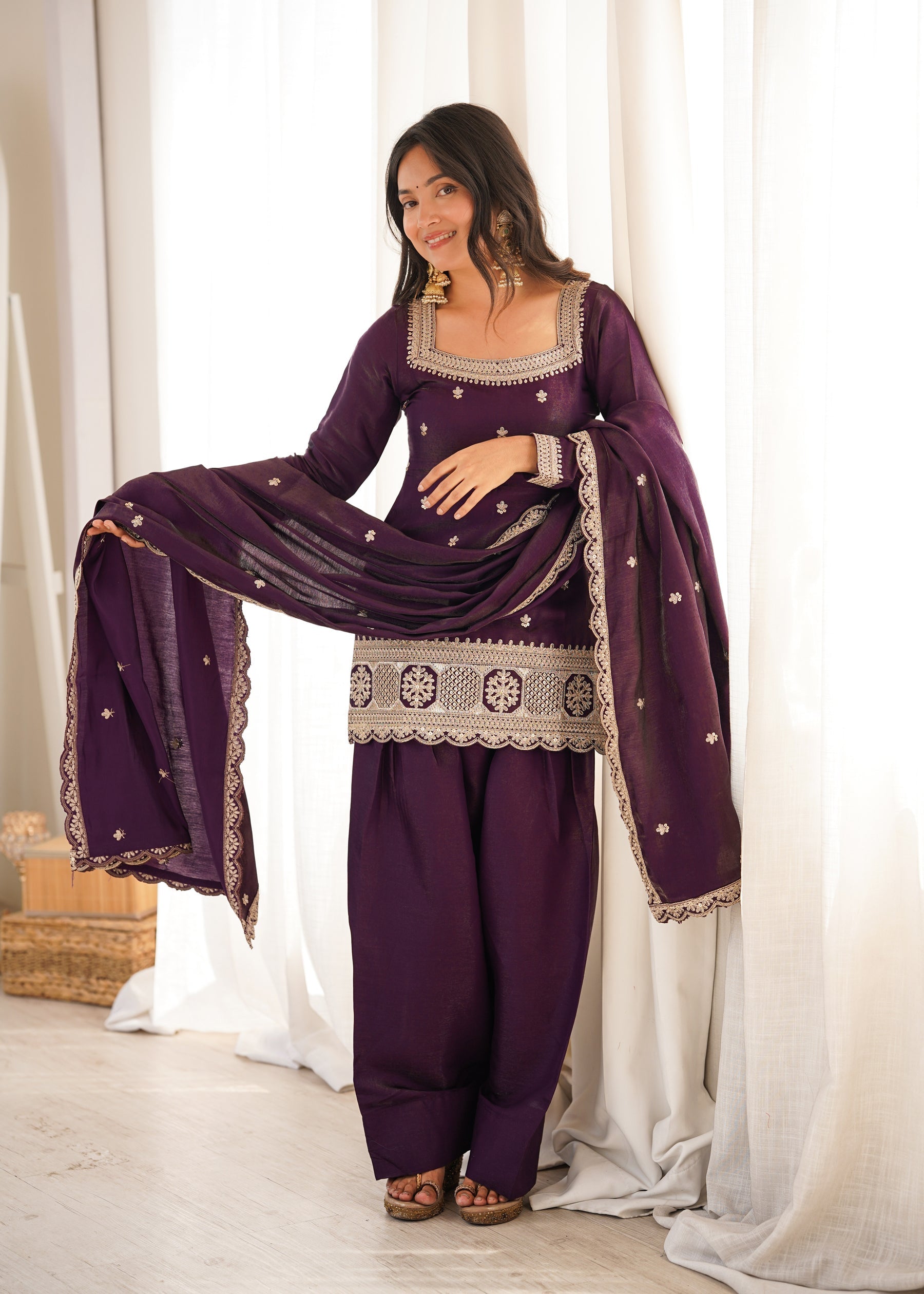 Lorenvalley Fashion Wine Glass Roman Silk with Embroidery Sequence and Jari Work Kurta Farshi Salwar with Dupatta