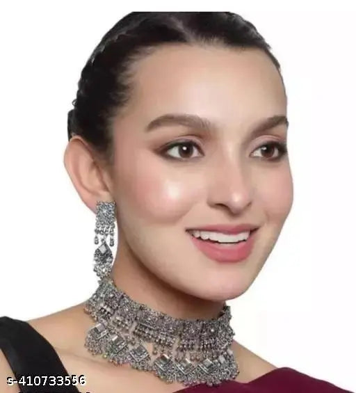 Tehzeeb Creations Women's Silver Colour Oxidised Necklace Set With Mirror And Beads Tehzeeb Creations