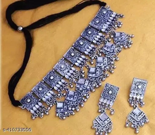 Tehzeeb Creations Women's Silver Colour Oxidised Necklace Set With Mirror And Beads - Swadesiicart