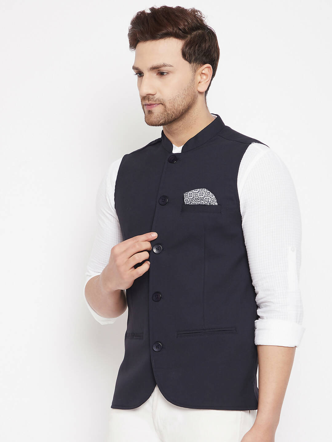 Even Apparels Navy Merino Men's Nehru Jacket-Contrast Lining-Inbuilt Pocket Square 