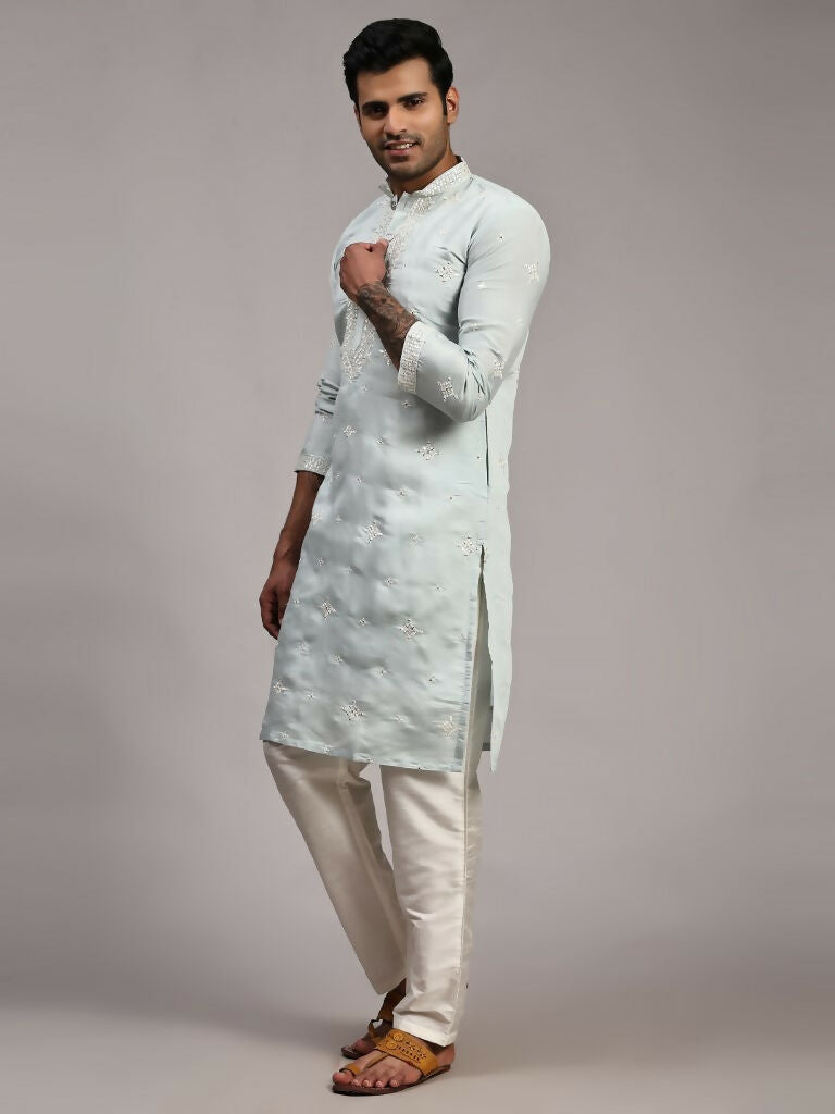 Light Blue Silk Designer Embroidery Work Men's Rajwadi Kurta Set - Mahotsav