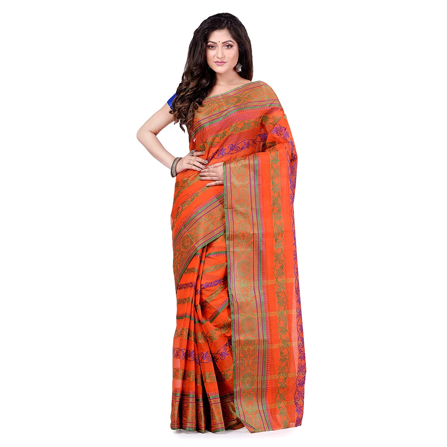 Desh Bidesh Women's Traditional Bengal Tant Pure Handloom Cotton Saree Blossom Design Without Blouse Piece - Grab2buy