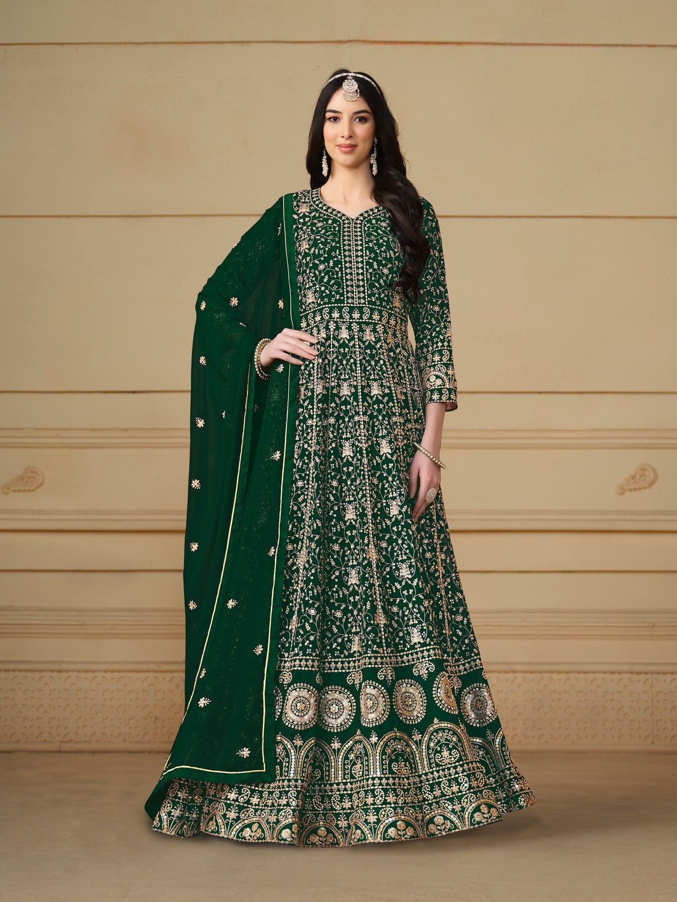 Anaita Green Embroidered Faux Georgette Anarkali Suit