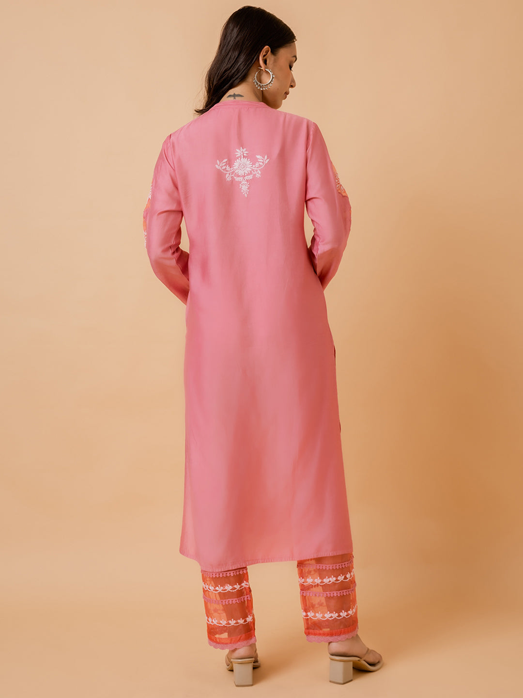 HOUSE OF KARI Ethnic Motifs Embroidered Chikankari Straight Chanderi Silk Kurta 