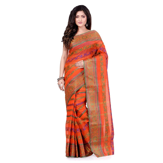 Desh Bidesh Women's Traditional Bengal Tant Pure Handloom Cotton Saree Blossom Design Without Blouse Piece - Grab2buy