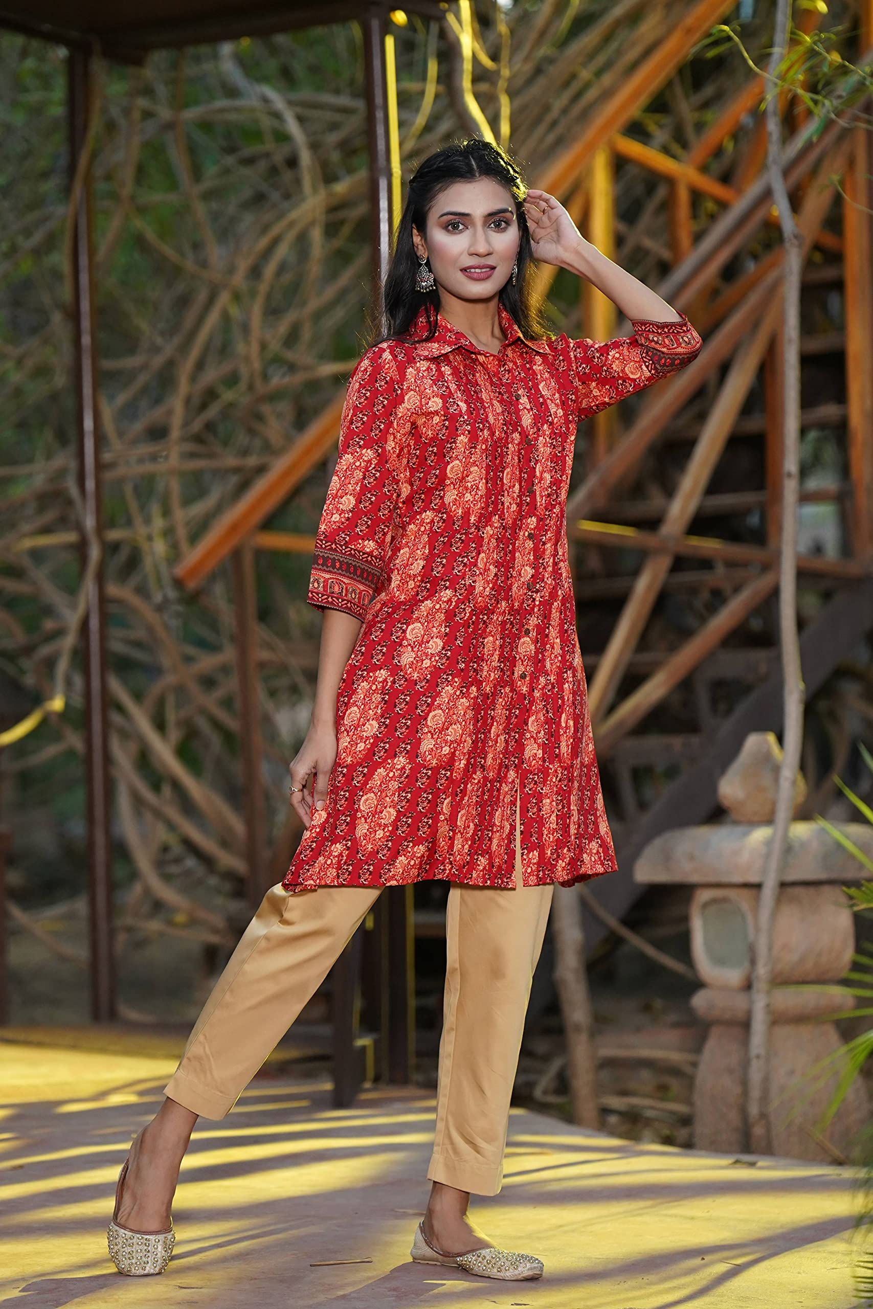 Juniper Women's Red Ethnic Motif Printed Rayon A-Line Kurta with Buttons