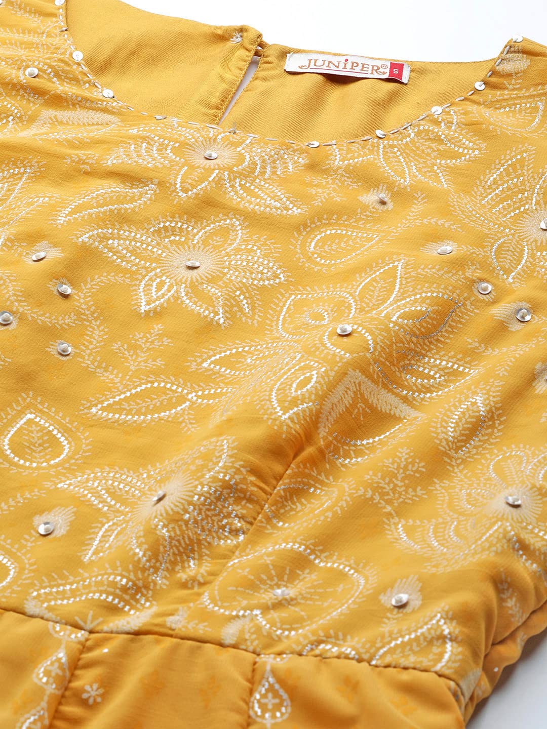 Juniper Women's Yellow Floral Printed Georgette Maxi Dress With Beads Kantha Work & Sequins At Neckline