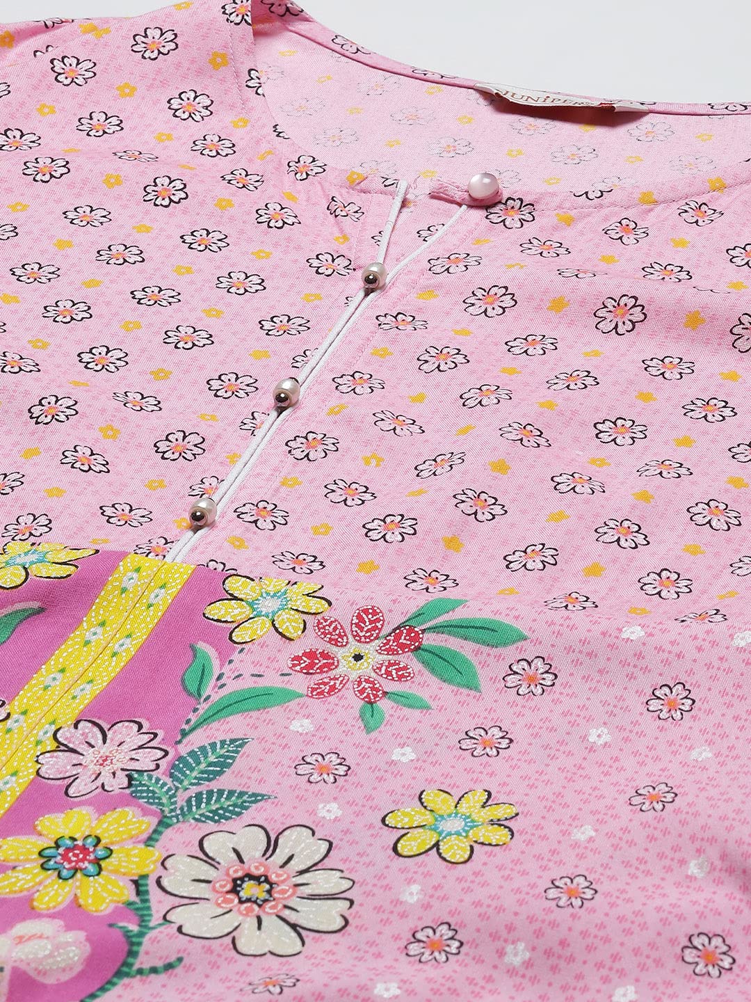 Juniper Women's Pink Floral Printed Rayon Kurta With Buttons Closure At Back