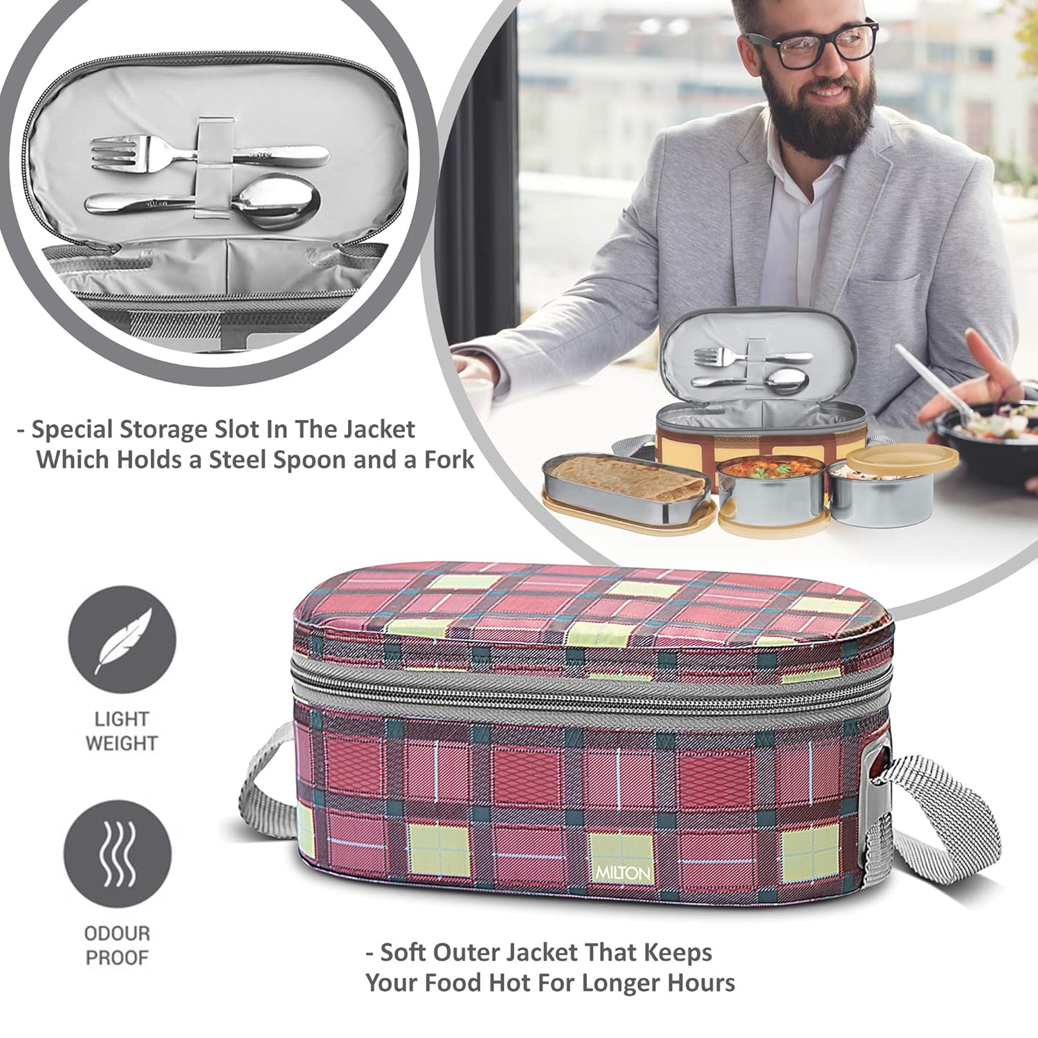 MILTON Corporate Lunch Stainless Steel Containers, Set of 3, (280 ml, 280 ml, 472 ml), Maroon