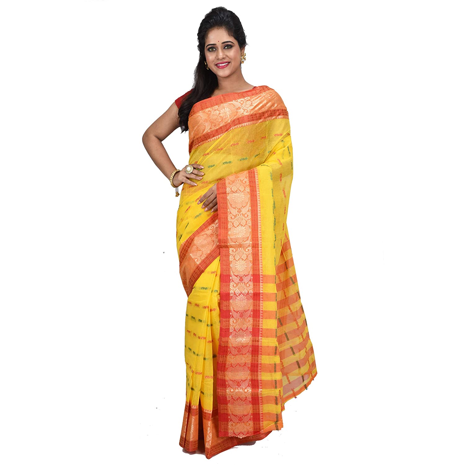 Desh Bidesh Women's Traditional Bengal Tant Handloom Cotton Saree Without Blouse Piece (Yellow Red) | Grab2Buy