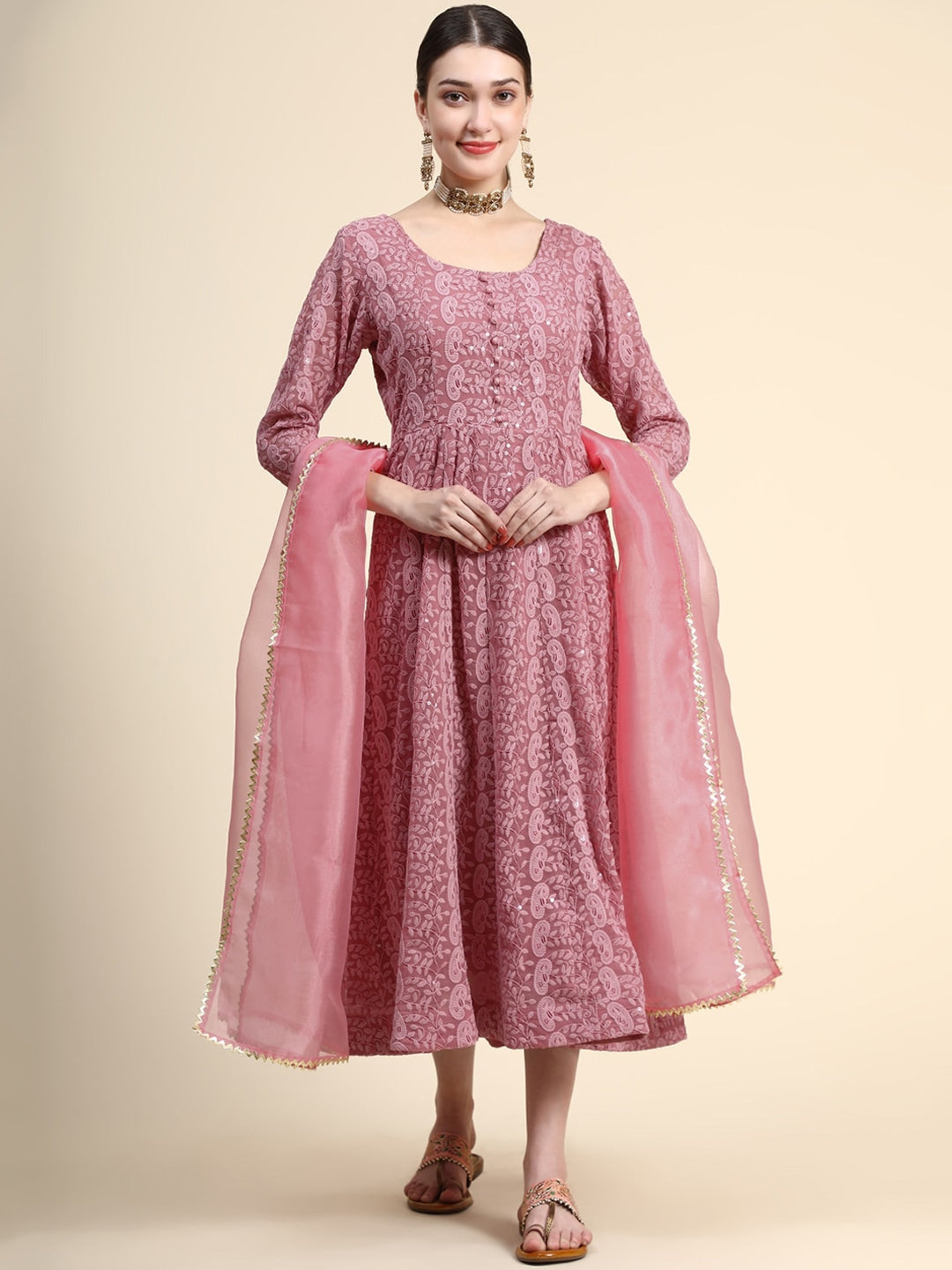 Kalini Paisley Embroidered Chikankari Georgette Anarkali Kurta With Dupatta Set 