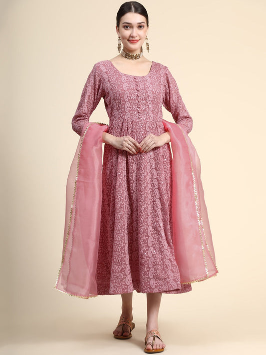 Kalini Paisley Embroidered Chikankari Georgette Anarkali Kurta With Dupatta Set 