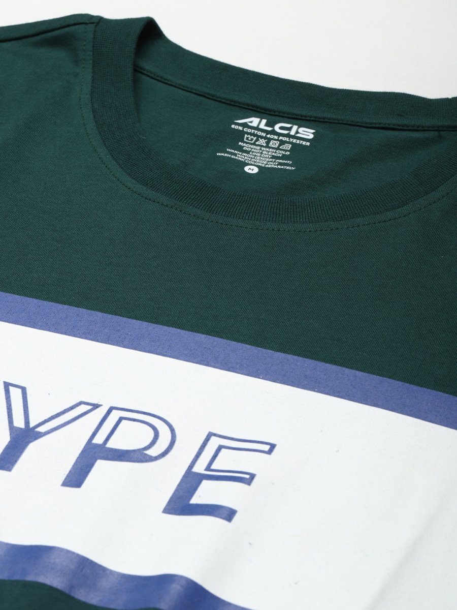 Alcis Men Green & White Typography Printed Slim Fit T-shirt 