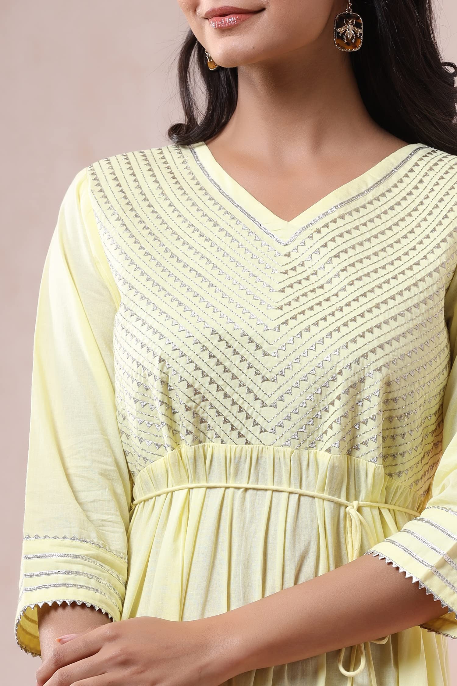 Juniper Women's Yellow Solid Pure Cotton Solid Tiered Maxi Dress With Gota Work Dori Tie-Up & Cushioned Tassels At Waist