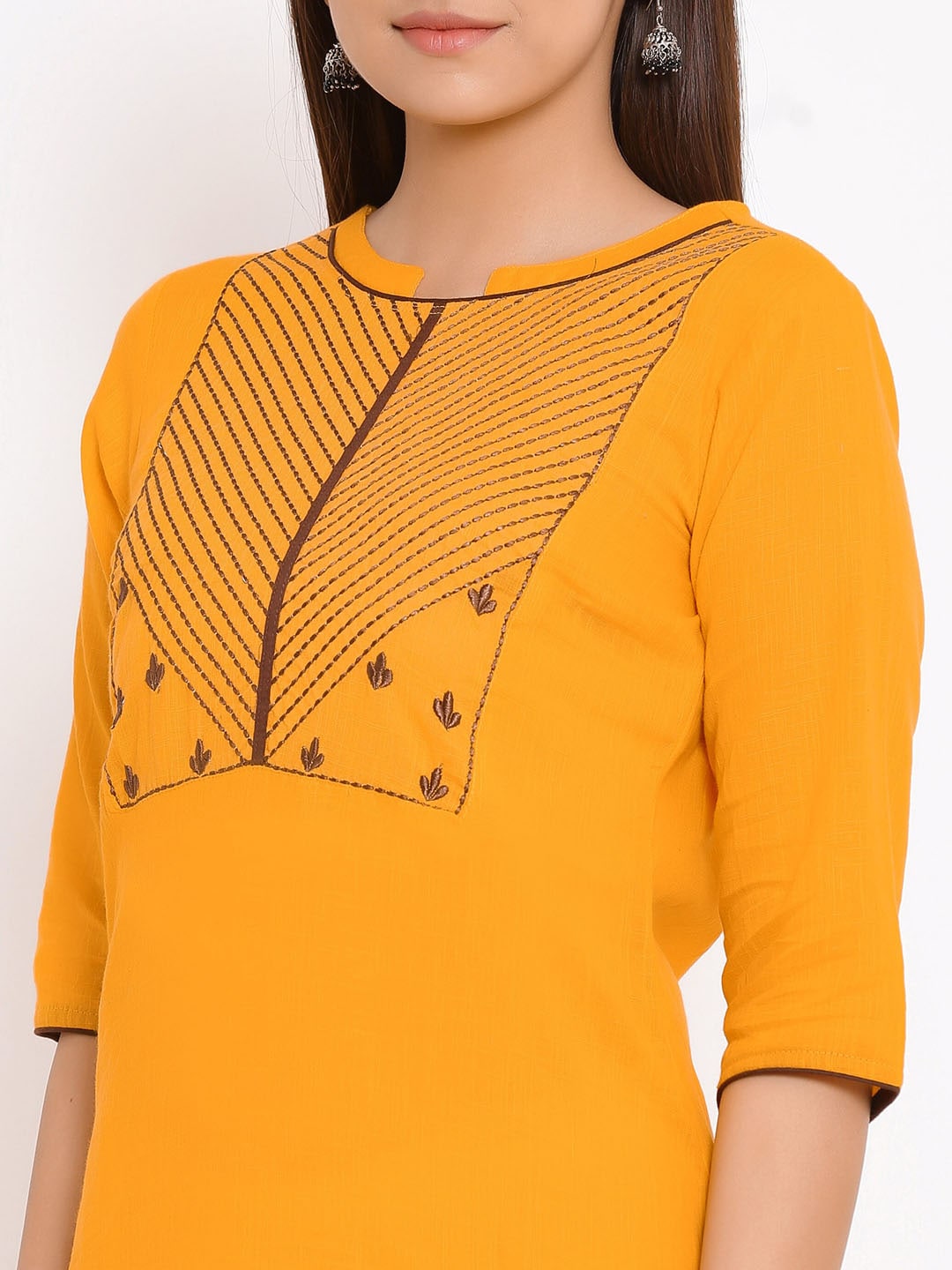 HERE&NOW Yellow Geometric Yoke Design Thread Work Kurta 