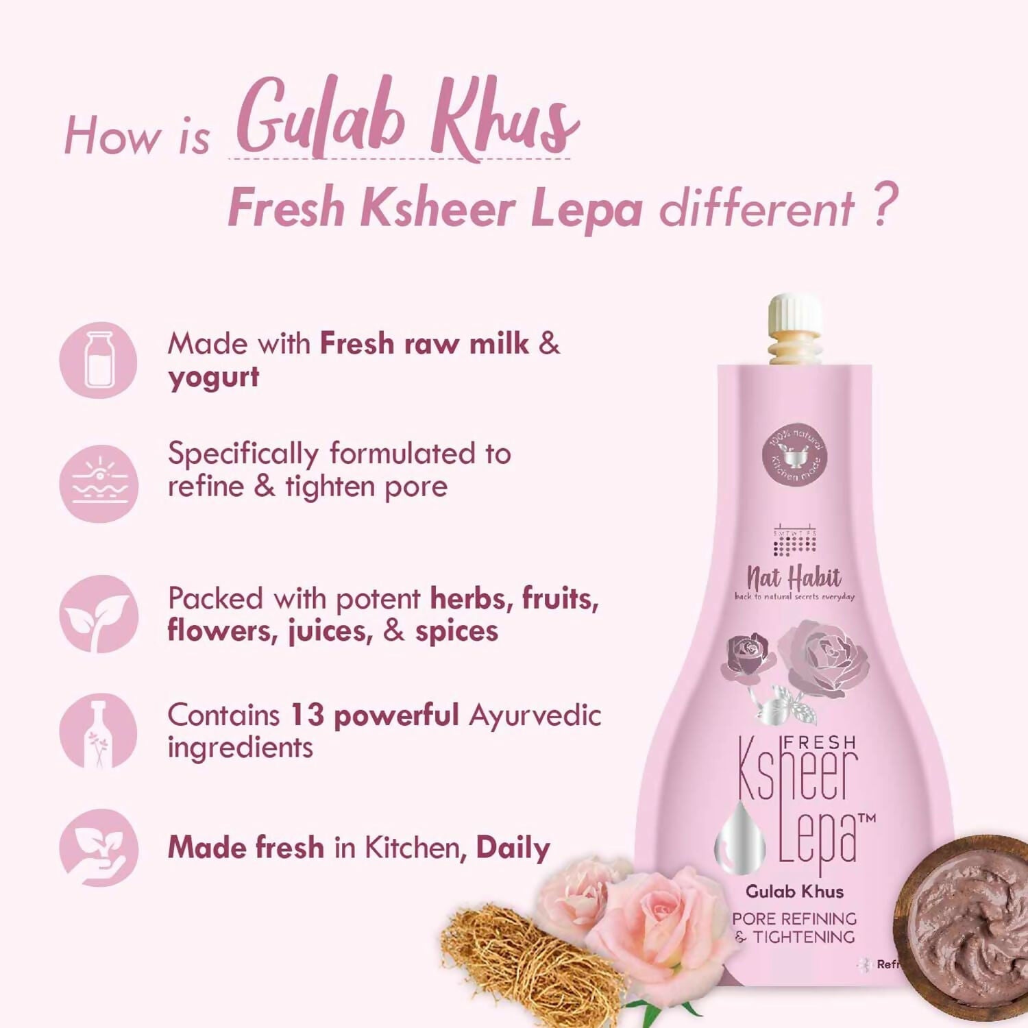 Nat Habit Fresh Gulab Khus Ksheer Lepa Face Mask For Pore Refining, Tightening 