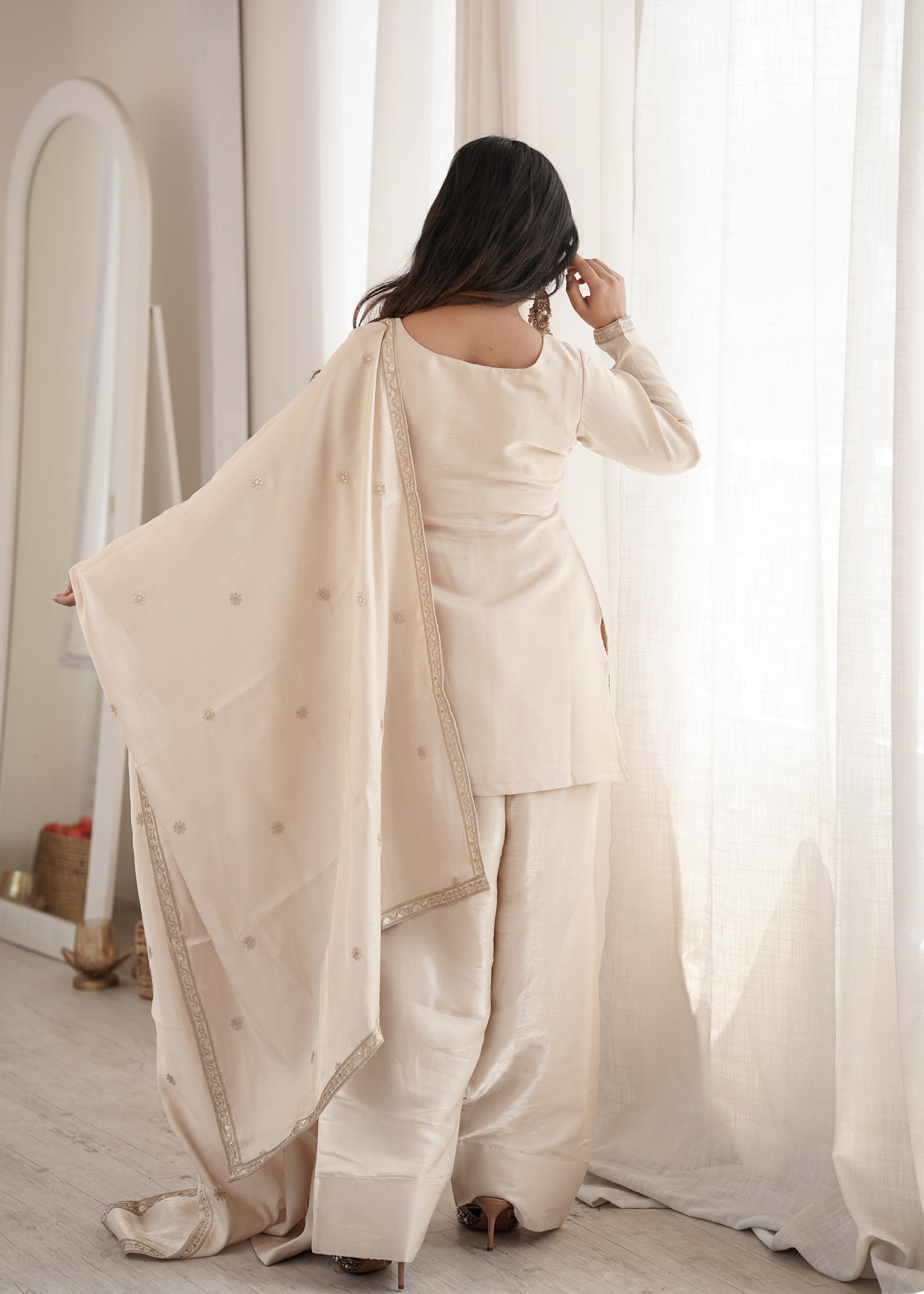 Lorenvalley Fashion Cream Glass Roman Silk with Embroidery Sequence and Jari Work Kurta Farshi Salwar with Dupatta