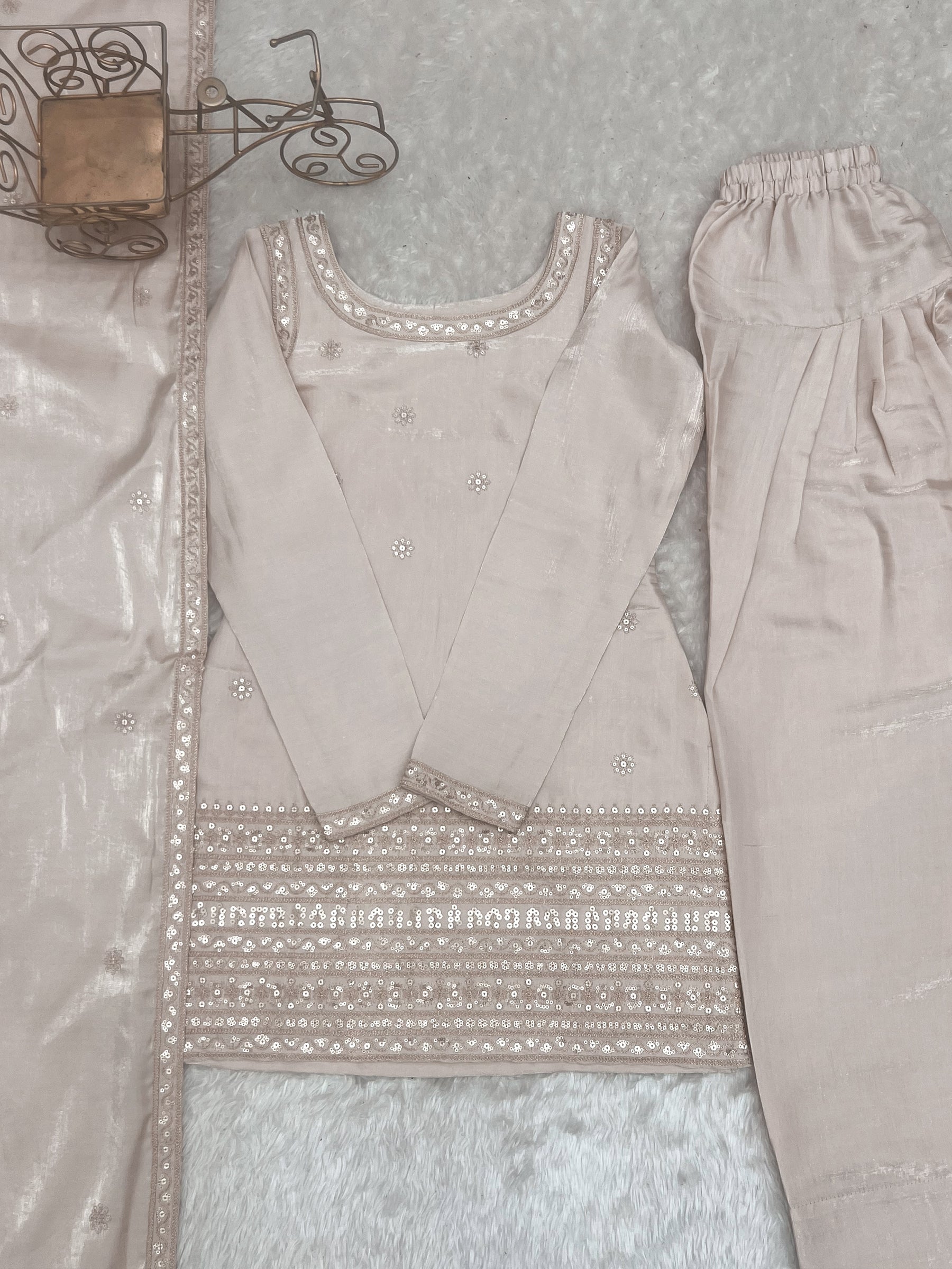 Lorenvalley Fashion Cream Glass Roman Silk with Embroidery Sequence and Jari Work Kurta Farshi Salwar with Dupatta