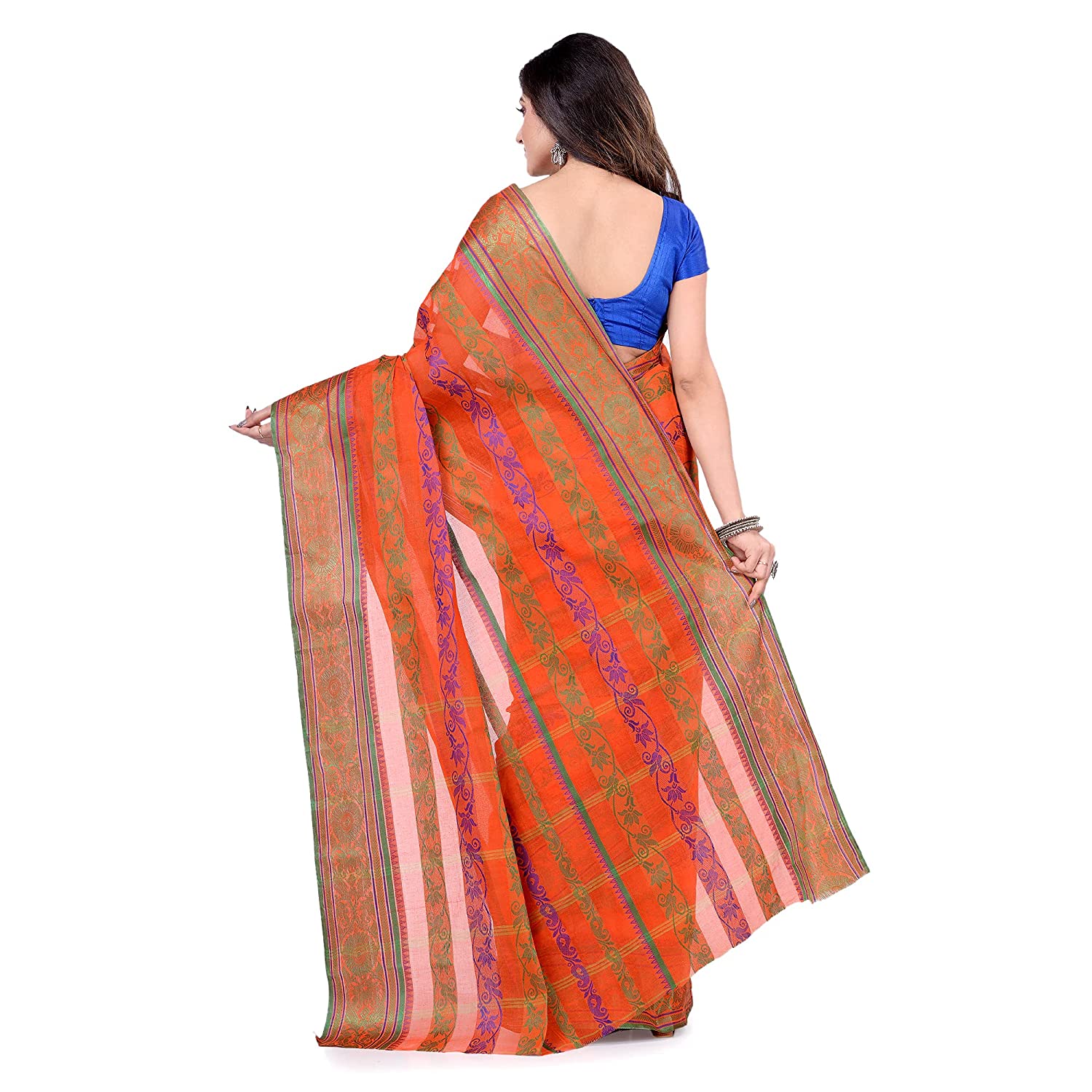 Desh Bidesh Women's Traditional Bengal Tant Pure Handloom Cotton Saree Blossom Design Without Blouse Piece - Grab2buy
