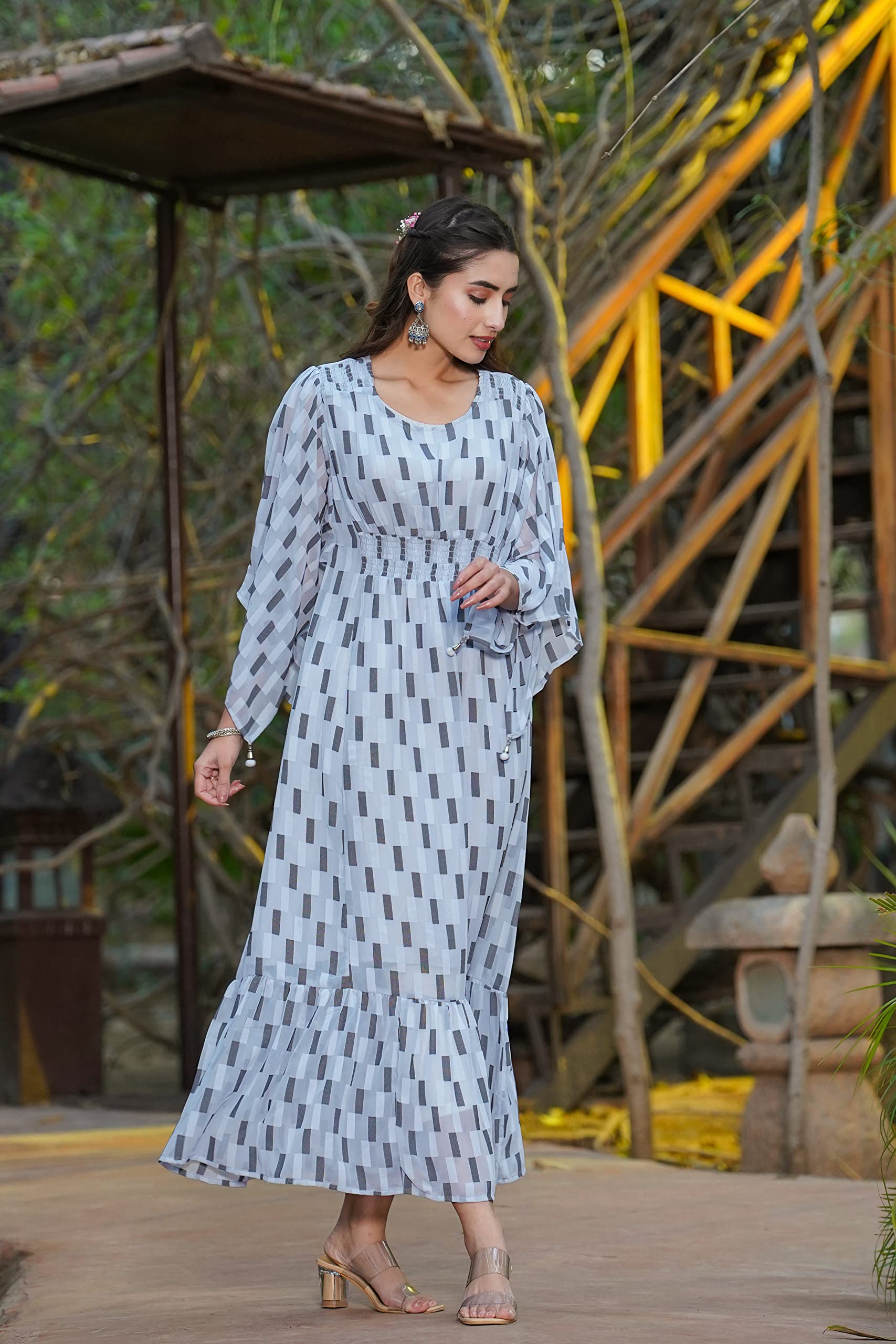 Juniper Women's Women Beautiful Grey Checked Tiered Dress