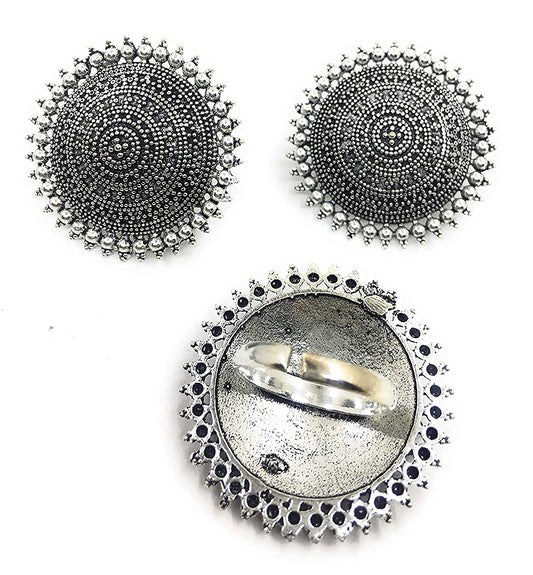 Silver-Plated Alloy Antique Silver Round Earrings With Ring - The Pari - Grab2buy