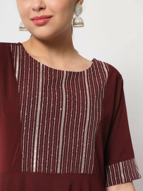 FIORRA Women's Maroon Poly Crepe Flared Kurta With Dupatta 