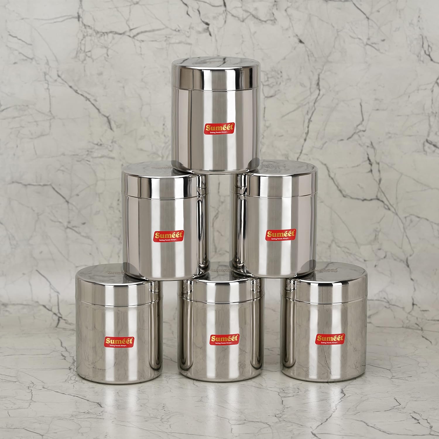 Sumeet Stainless Steel Small Canisters/Jars/Ubha Dabba/Storage Containers set of 6Pcs, 750 ML Capacity Each
