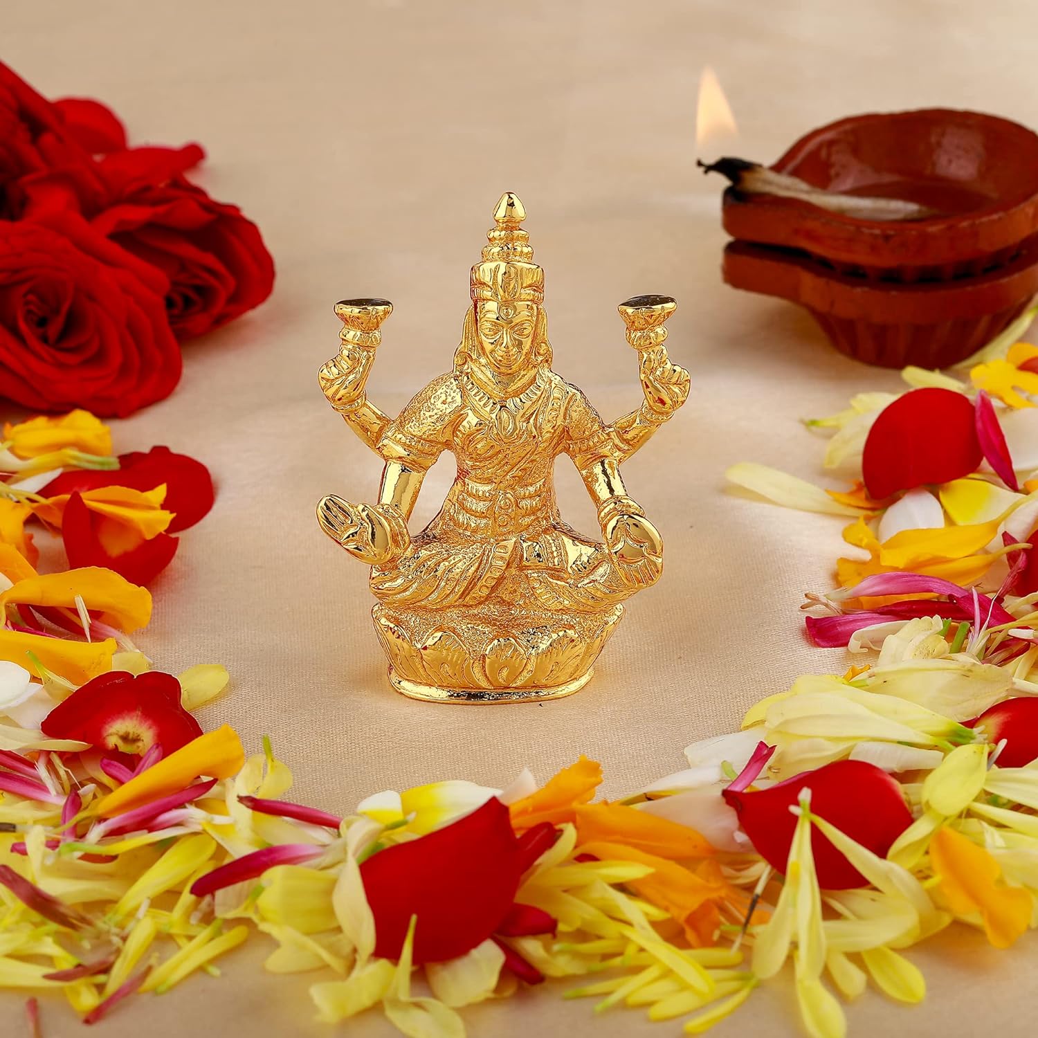 Estele Gold-Polished goddess of wealth Laxmi Devi on lotus Idol for Home/Car decor 