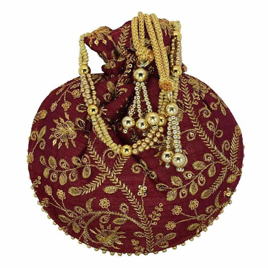 Ethnic Clutch Silk Potli Batwa Pouch Bag with Metal Bead work Gift For Women - Grab2buy
