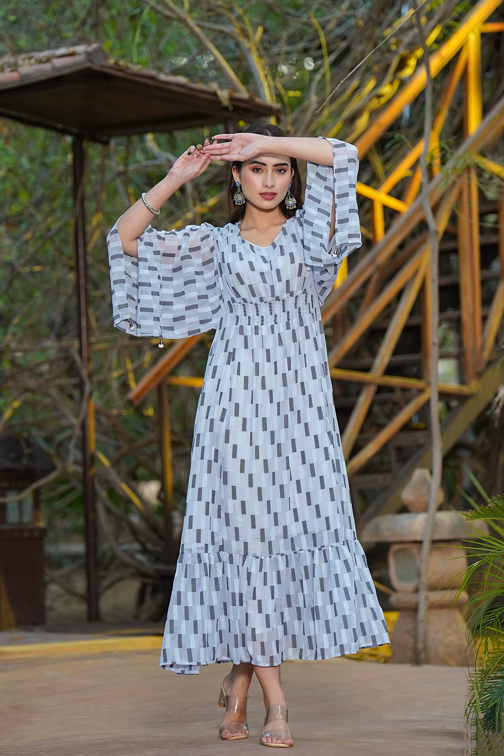 Juniper Women's Women Beautiful Grey Checked Tiered Dress