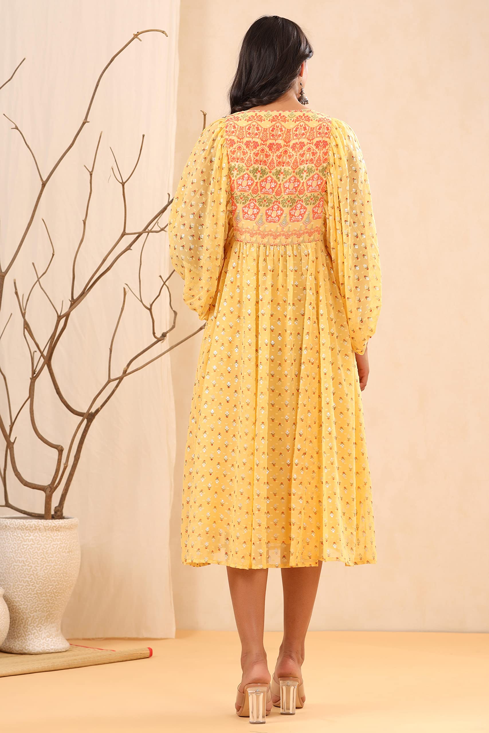 Juniper Women's Yellow Ethnic Motif Printed Georgette Midi Dress With Sequins Work