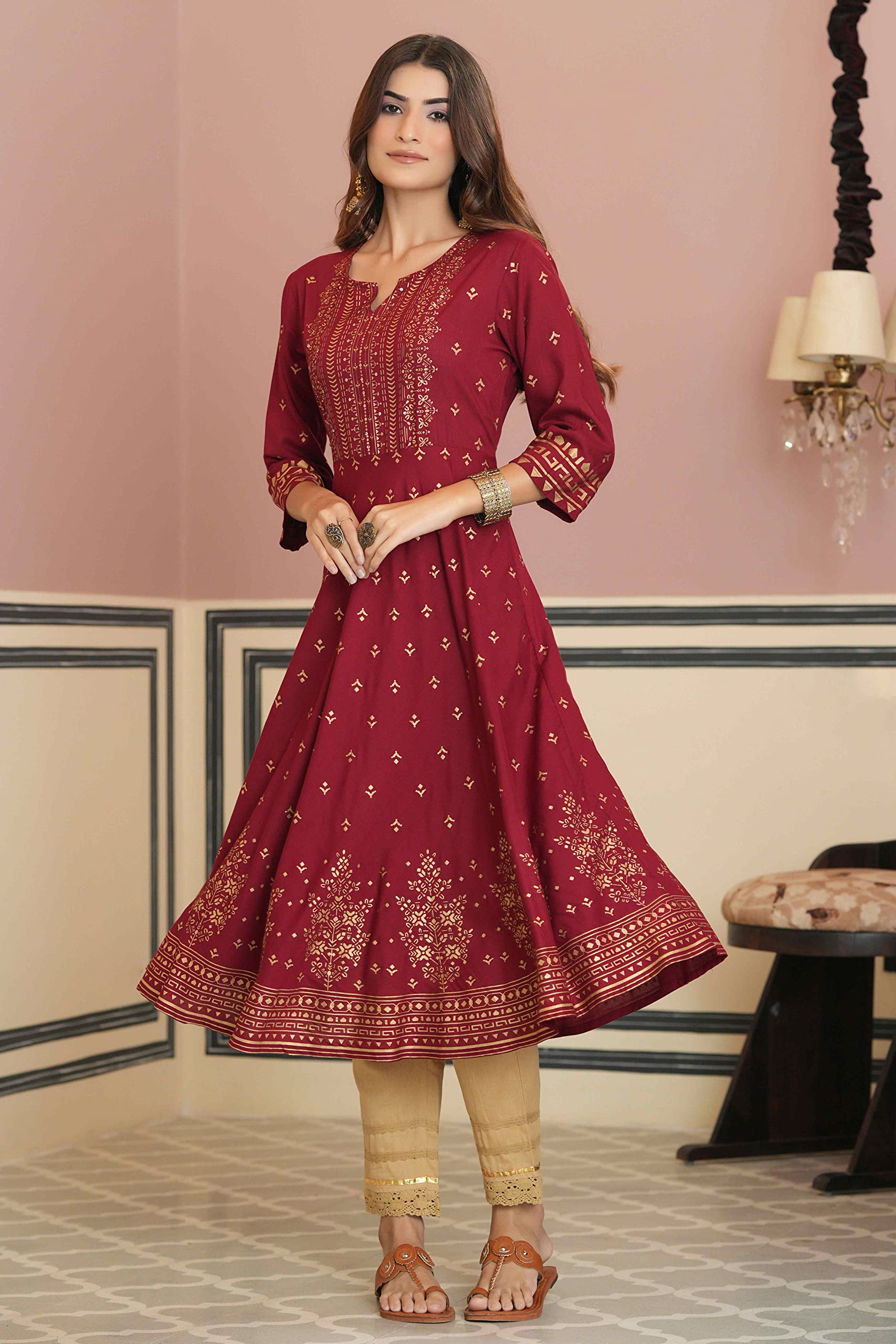 Juniper Women's Maroon Ethnic Motif Printed Rayon Kurta With Sequins
