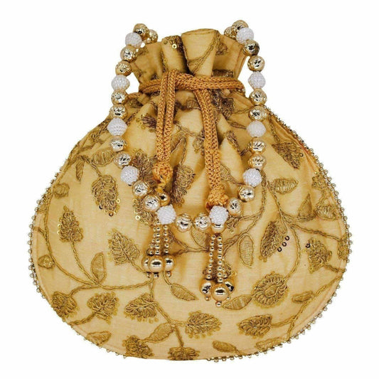 Ethnic Silk Potli bag Clutch Batwa Pouch with Embroidery and Metal Bead work Gift For Women - Grab2buy