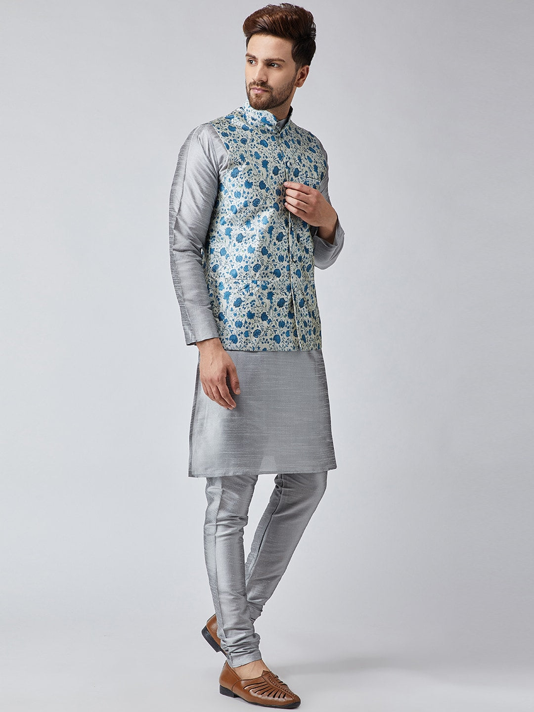 Sojanya Men Grey & Blue Self Design Kurta with Churidar & Nehru Jacket 