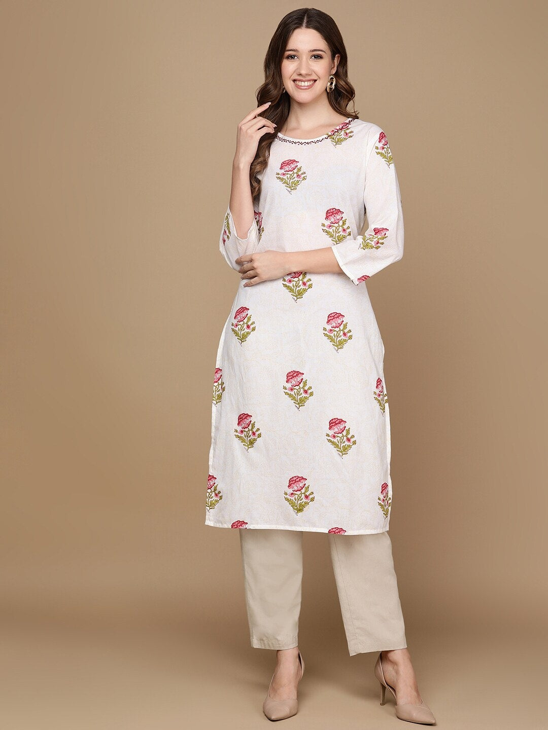 HERE&NOW White & Pink Floral Printed Pure Cotton Kurta