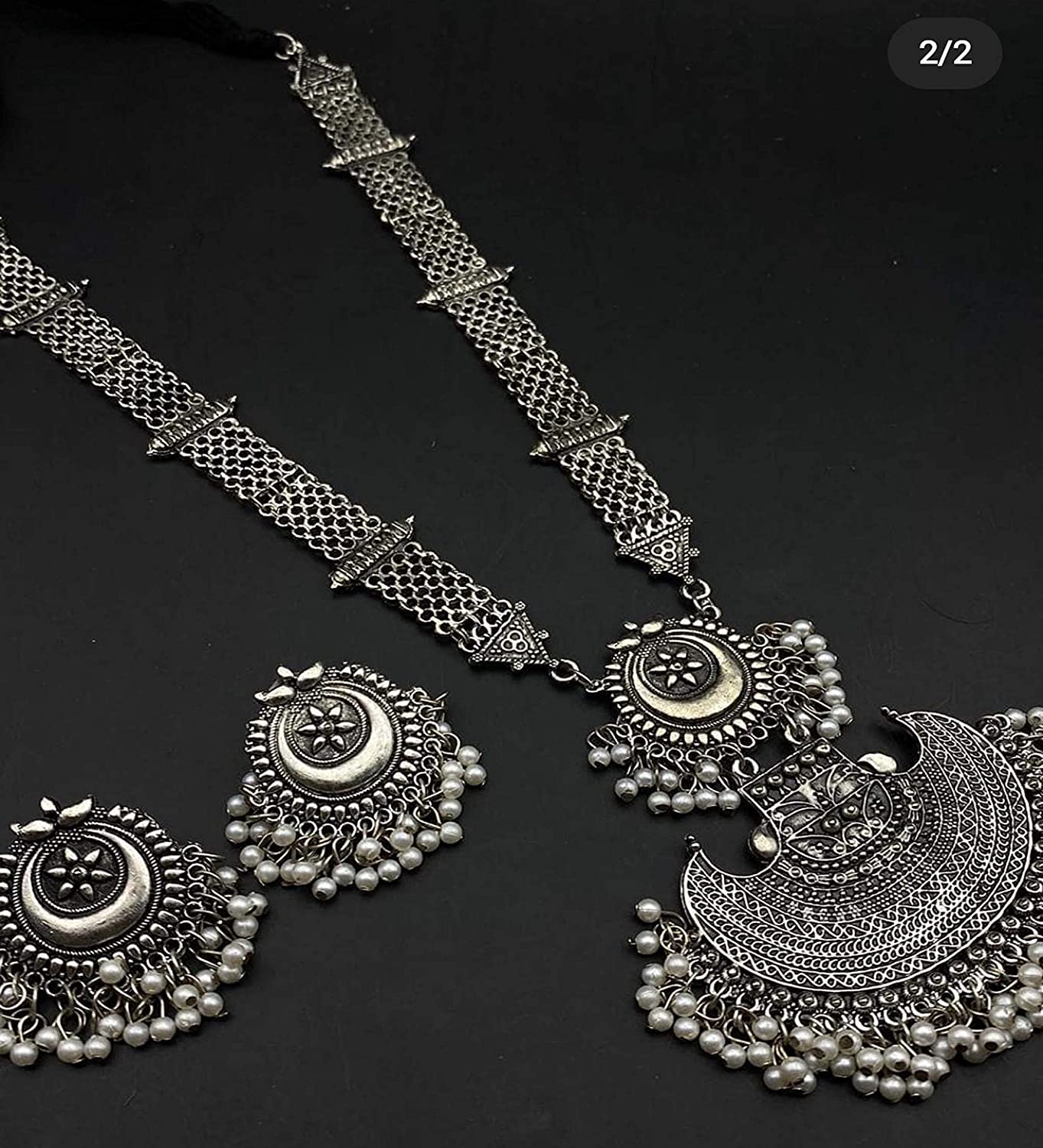 Silver-Plated Alloy Long Half Moon Oxidised Necklace - The Pari 