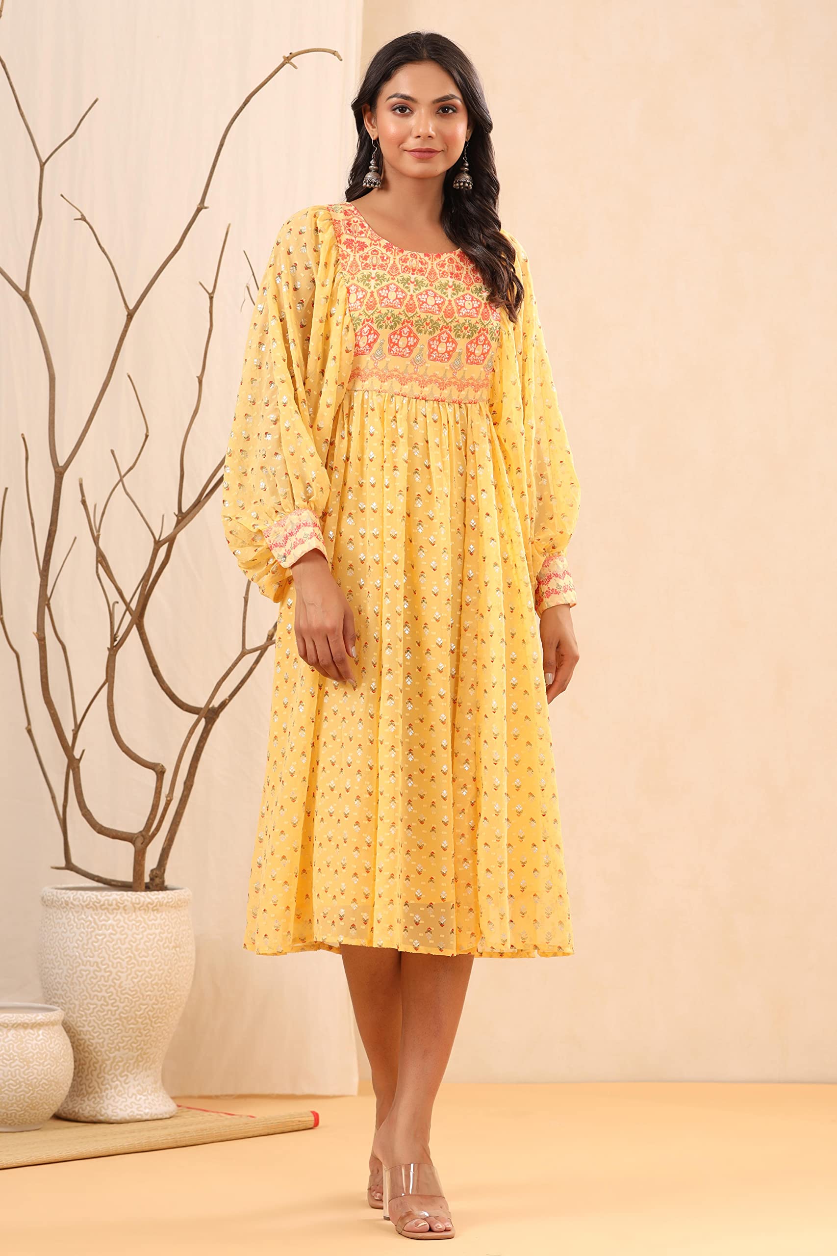 Juniper Women's Yellow Ethnic Motif Printed Georgette Midi Dress With Sequins Work