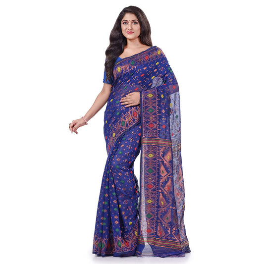 Desh Bidesh Women's Zari Karat Resham Dhakai Jamdani Bengal Pure Cotton Handloom Saree Whole Body Design Without Blouse Piece | Grab2Buy