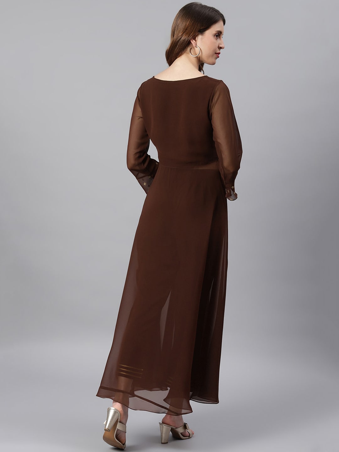 Janasya Women Brown High Slit Floor Length Anarkali Kurta & Trousers